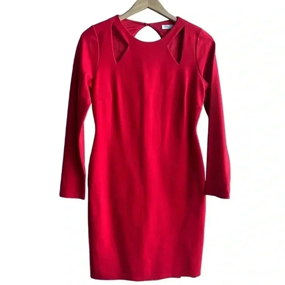 HALSTON HERITAGE | Ponte Knit Dress | Long Sleeve Cutout Keyhole Sheath Red | M - Picture 5 of 10